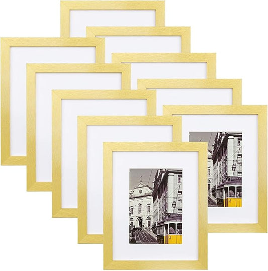 eletecpro 8x10 Picture Frames Set of 10, Picture Frame Collage Wall Decor Display 5x7 Photo with Mat or 8x10 without Mat, Home Decor Gallery Frame for Table Top or Wall Mounting, Gold