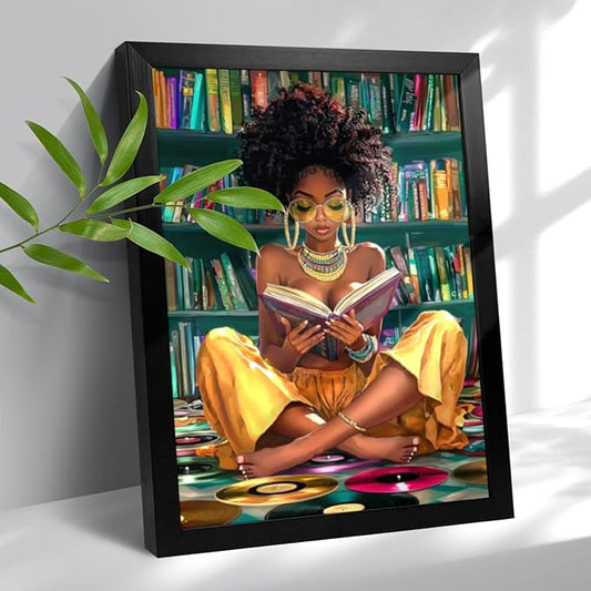 African American Wall Art Framed Black Girl Wall Art Colourful Black Girl Reading Book Pictures Canvas Prints Artwork for Bedroom Living Room Bathroom Home Decor 12x16 Inch