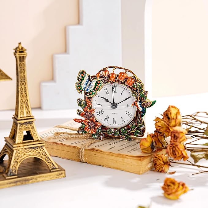 Mini Tabletop Clock, Decorative Vintage Floral Metal Table Clock with Battery Operated for Bedside, Table, Living Room, Home and Office