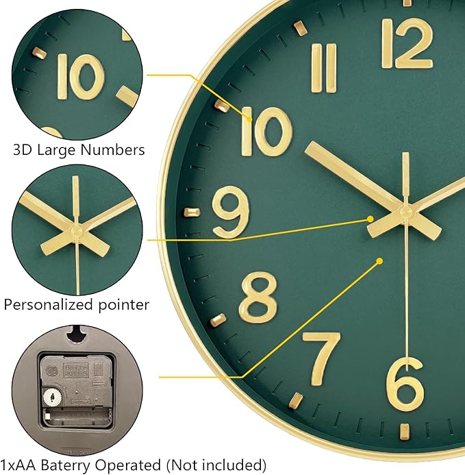 Modern Wall Clock, 10 Inch Digital Wall Clocks Battery Operated, Round Non Ticking Silent Analog Clock for Bedroom Living Room Kitchen Office Gym Classroom Decor, Gold Green Battery Clock