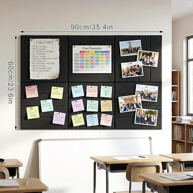 Felt Bulletin Board Tiles 36" x 24", 6-Pack Cork Board for Office, Pin Board with 30 Pushpins Cork Boards for Office Decor Walls Organizer, 40 Adhesive Tabs Included - Black