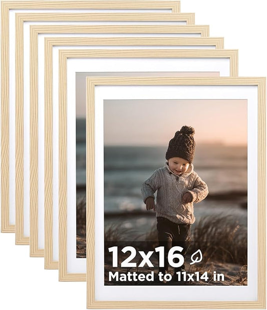 KINLINK 12x16 Picture Frame Wood Grain, 16x12 Photo Frames with Plexiglass for 11x14 Picture with Mat or 12x16 Without Mat, Perfect for Art Wall Gallery and Tabletop Display 12 x 16 frame Set of 6