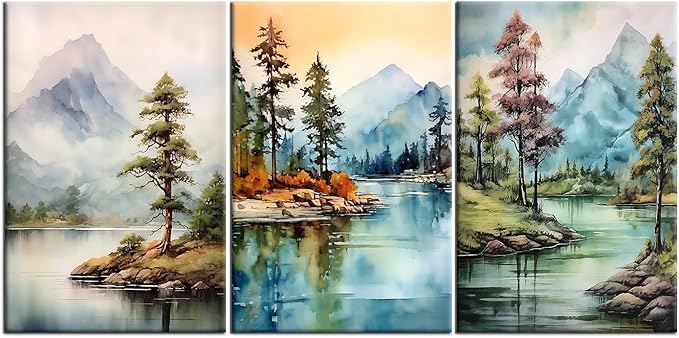3 Pieces Landscape Canvas Wall Art Large Size Poster Mountain Range Forest Trees Lakes HD Picture Print Artwork for Modern Home Living Room Office Wall Decoration Stretched and Framed [72''Wx 36''H]
