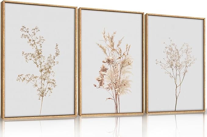 Ausril Wildflower Floral Framed Canvas Wall Art Set, Beige Botanical Wall Decor, Minimalist Nature Flower Wall Painting, Modern Boho Farmhouse Art Print for Living Room, Bedroom, Office- 16"x24"x3