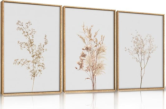 Ausril Wildflower Floral Framed Canvas Wall Art Set, Beige Botanical Wall Decor, Minimalist Nature Flower Wall Painting, Modern Boho Farmhouse Art Print for Living Room, Bedroom, Office- 16"x24"x3