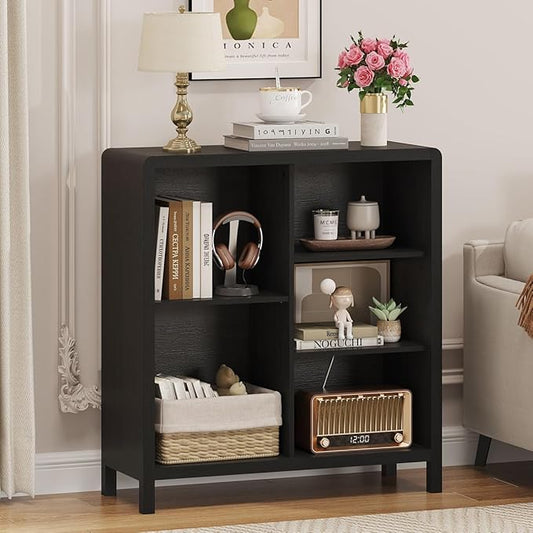 FATORRI 5 Cube Bookshelf, Wood Bookcase with 3 Adjustable Shelves, Farmhouse Cube Storage Organizer Shelf for Small Space Bedroom Living Room (Black)