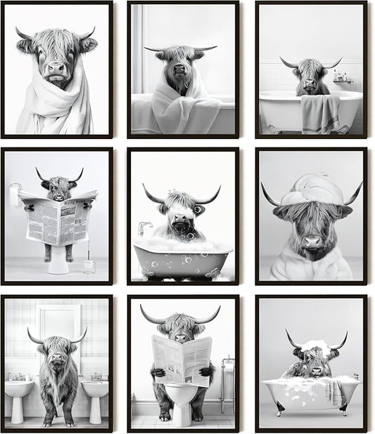 SEHSUVC Funny Bathroom Cow Posters Wall Art Set of 9, Vintage Black and White Highland Cow Canvas Wall Decor Painting, Humor Animals Pictures Prints for Bedroom Bathroom Childrenroom 8x10In Unframed