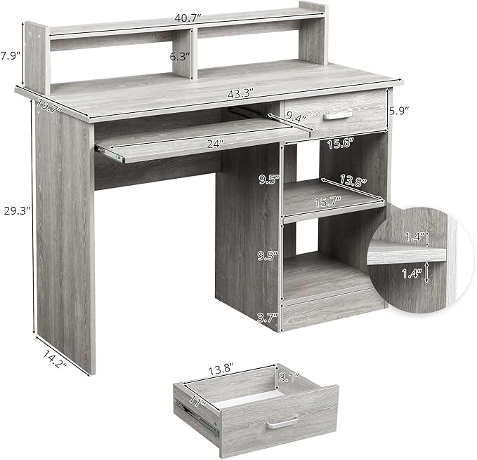 Karl home Computer Desk Study Writing Desk, Wooden Home Office Workstation PC Laptop Table with Drawer Shelf Keyboard Tray, Grey