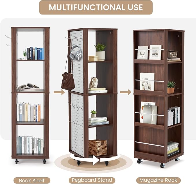 JOMEED Rotating Bookshelf Tower with Wheels, 4-Tier Corner Bookshelf with Pegboard, 360° Spinning Book Shelf Tower with Magazine Rack, Tall Bookcase, Narrow Bookcase