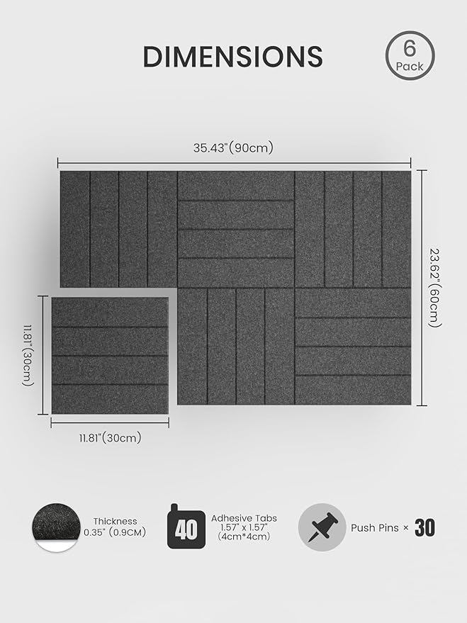 Bumusty Large Cork Board Alternative-36 x 24" Felt Bulletin Board Tiles, with 30 Pushpins, 40 Adhesive Tabs, 6-Pack Slat Wall Paneling, Cork Boards for Office Push Pin Board Felt Board-Charcoal Gray