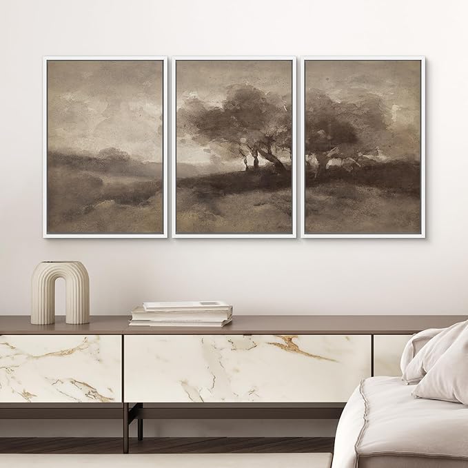 SIGNWIN Framed Canvas Print Wall Art Set Sepia-Toned Abstract Trees Vintage Landscape Illustrations Modern Art Decorative for Living Room, Bedroom, Office - 16"x24"x3 White