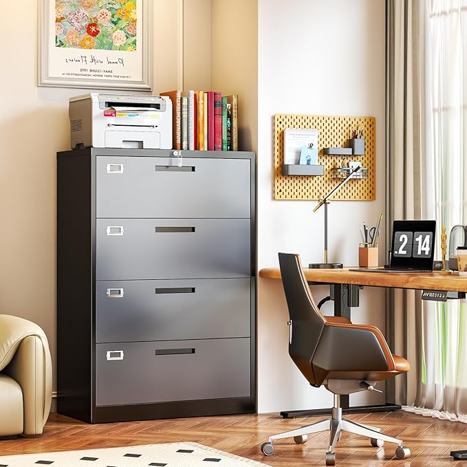 4 Drawer File Cabinet, Locking Lateral Filing Cabinet for Home Office, File Cabinets with Business Card Holder for Letter/Legal/F4/A4 Hanging Files