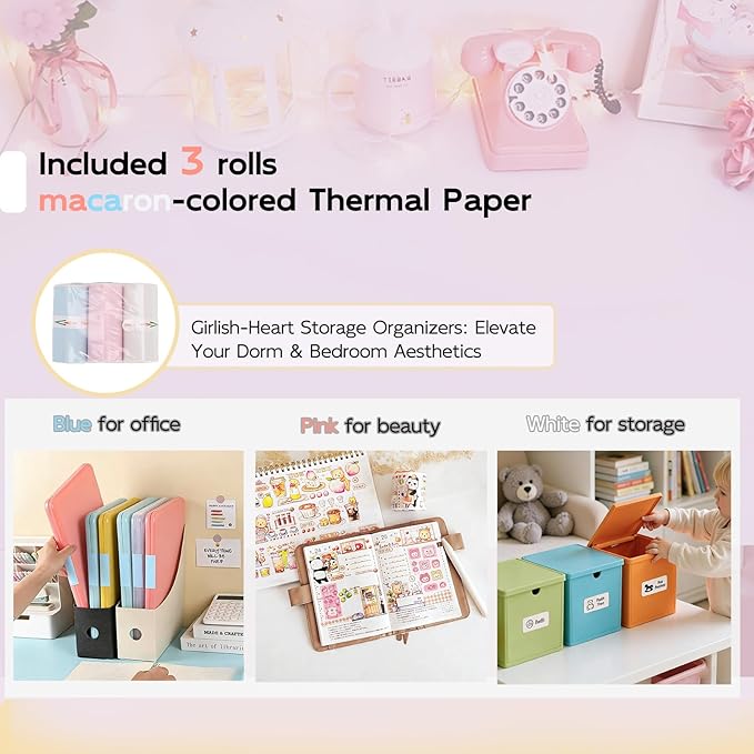 ciciglow D20 Pink Mini Sticker Printer, Label Maker Machine with 3 Rolls Colored Thermal Paper (Battery Included), Portable Inkless Sticker Maker, APP, for DIY Crafts, Journaling, Office Home Use