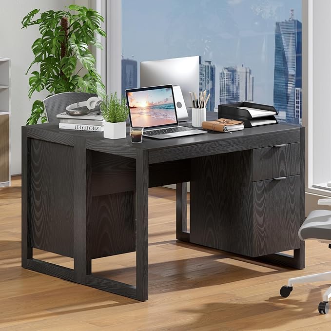 Tangkula Computer Desk with Storage Cabinet & Drawer, White Wooden Home Office Desk, PC Laptop Workstation Study Writing Desk with Smooth Surface, Ideal for Home Office (Black)