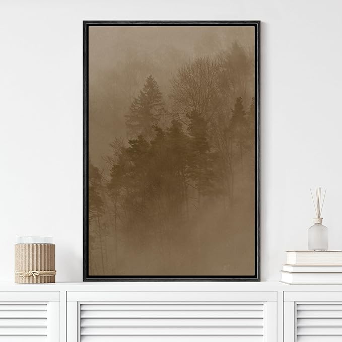 MUDECOR Framed Canvas Print Wall Art Sepia-Toned Misty Forest Landscape Illustrations Minimalism Decorative Relax Colorful for Living Room, Bedroom, Office - 16"x24" Black