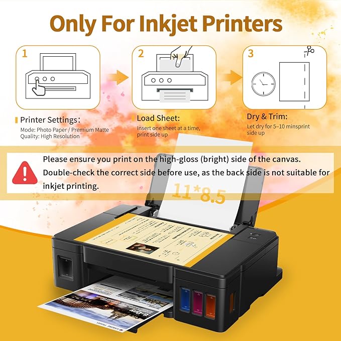 15Pcs Canvas Printer Paper for Inkjet Printers, 8.5x11 Inch Bright White 280gsm Printable Fabric Sheets Tear-Resistant, Print with Glossy Side for Photo Art Sketch Printing