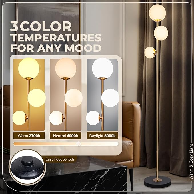 Soilsiu 3 Globe Floor Lamp - Mid Century Modern Standing Light with 3 Color Temperatures, LED Bulbs, Frosted Glass Shades for Living Room (Gold)