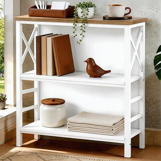 Book Shelf, Small 3-Tier Industrial Bookshelf with Strong Metal Frame & Backboard, 29.5" Short Bookcase for Small Spaces, Living Room, Bedroom and Home Office, White