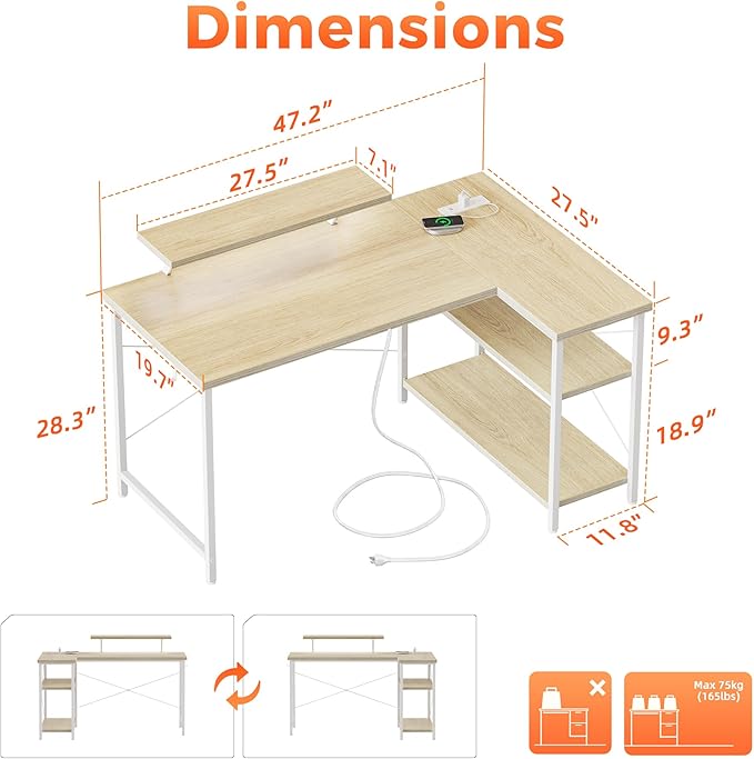 Mericonia Small L Shaped Computer Desk with Power Outlets, Reversible Gaming Desk with Storage Shelves & Monitor Stand, Corner Gamer Desk Table, Study Writing Table