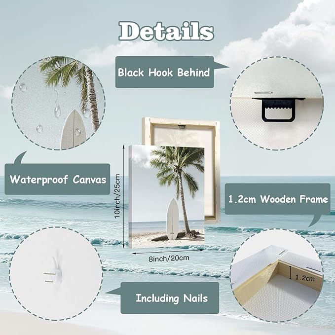CHDITB Beach Canvas Wall Art, Coastal Palm Tree Surfboard Wall Decor, Ocean Wave Seagull Artwork, Minimalist Surfing Pictures, Tropical Beach Prints for Bathroom Living Room seaside Bedroom 8”x10”x6
