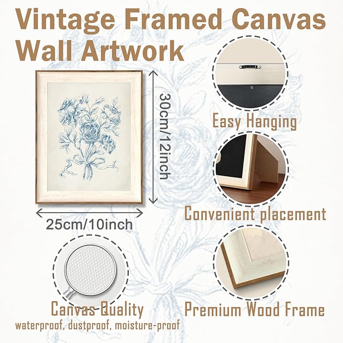 ASTRDECOR Framed Vintage Wall Art for Bathroom, Botanical Blue Wall Art for Home Decor Aesthetic, Victorian Blue Rose Bouquet Sketch Painting Floral Canvas Art Prints, Antique Flower Pictures for Living Room - 10''x12''