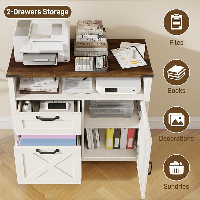 Lateral File Cabinet with 2 Drawers and Door Farmhouse File Cabinet for A4/Letter Size Hanging Files, Large Wood File Storage Cabinets Printer Stand with Open Space for Home Office Furniture, White