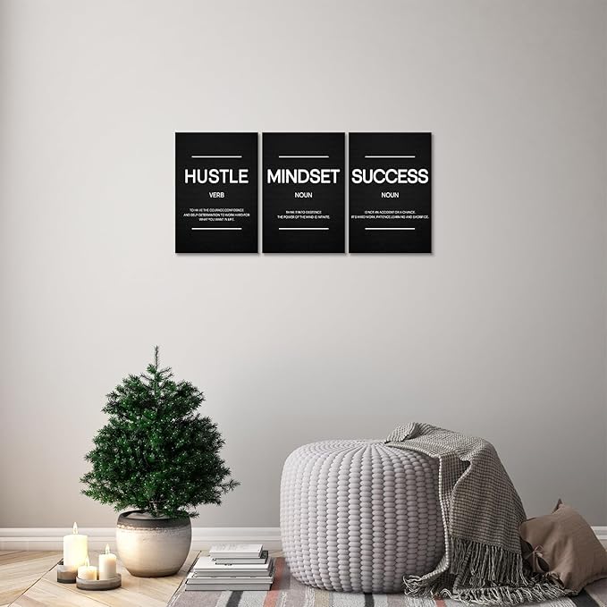 Hustle Wall Art Motivational Wall Decor Inspirational Mindset Quotes Pictures Posters 3 Pieces Framed Canvas Wall Art Prints Success Goal Artwork Home Office Wall Decor Ready to Hang