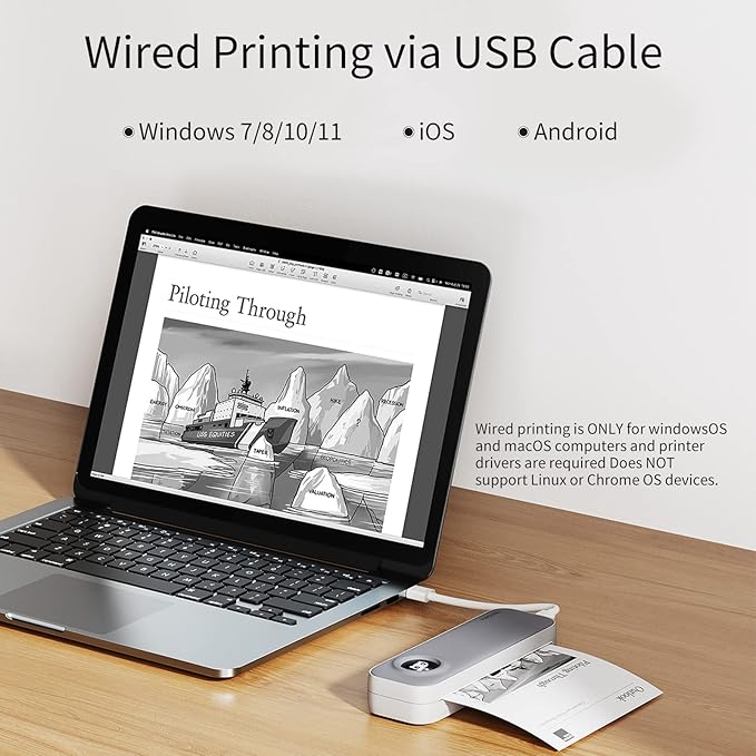 F2S A4 Size Portable Printer Thermal Printing Wireless BT Travel Mobile Printer Port 4/8 inch Compatible with Android and iOS Window System for Outdoors Home Office Students and