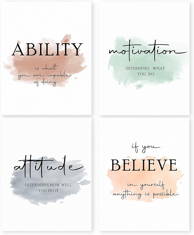 HRQKO Office Inspirational Quotes Wall Art Poster Prints Set of 4, Motivational Wall Art, Colorful Artwork Prints Posters Wall Decor, Affirmations Prints for Office Women Men 8”x10” Unframed