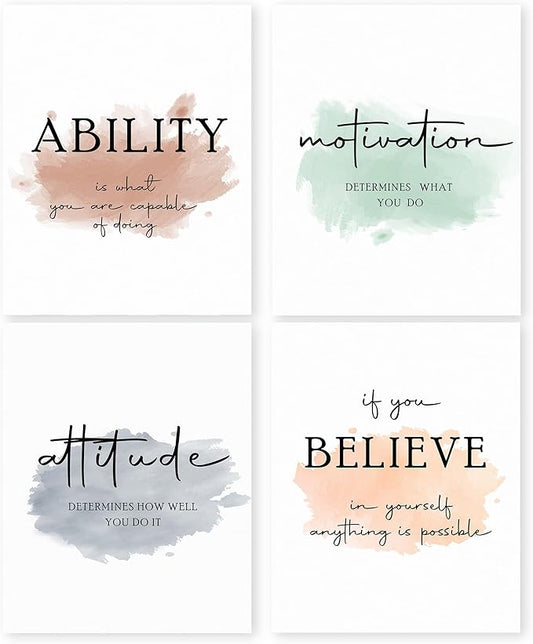 HRQKO Office Inspirational Quotes Wall Art Poster Prints Set of 4, Motivational Wall Art, Colorful Artwork Prints Posters Wall Decor, Affirmations Prints for Office Women Men 8”x10” Unframed