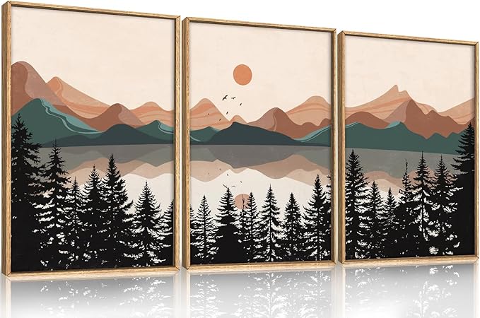 KAIRNE Mountain Framed Canvas Wall Art, Mid Century Modern Decor, Boho Wall Art Painting, Lake Pines Tree Sunset Nature Landscape Art Print for Living Room, Bedroom, Office, Dining Room- 16"x24"x3