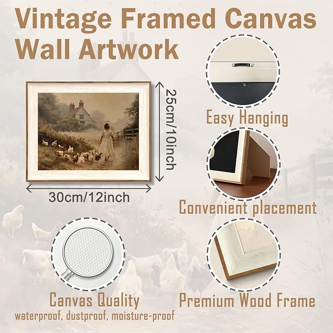 ASTRDECOR Framed Vintage Wall Art, Farmhouse Decor Girl Chicken Farm Canvas Painting Farmhouse Wall Decor, Vintage Rustic Artwork for Wall, Country Wall Decor for Kitchen Bedroom Living Room-10''x 12''