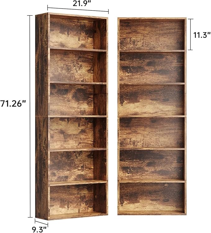 MXV Bookshelf Set of 2, 6 Tier Bookcase, Book Shelf Open Storage Organization, Floor Standing Display Bookshelves and Office Storage Stand for Living Room, Home Office, Dinning Room, Brown