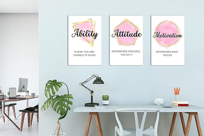 3 Piece Office Canvas Wall Art, Motivational Quotes Pink Geometric Figures Canvas Print Pictures Wall Decor for Office, Men Women Inspirational Framed Artwork Home Office Decor 16"x24" x 3 Pcs
