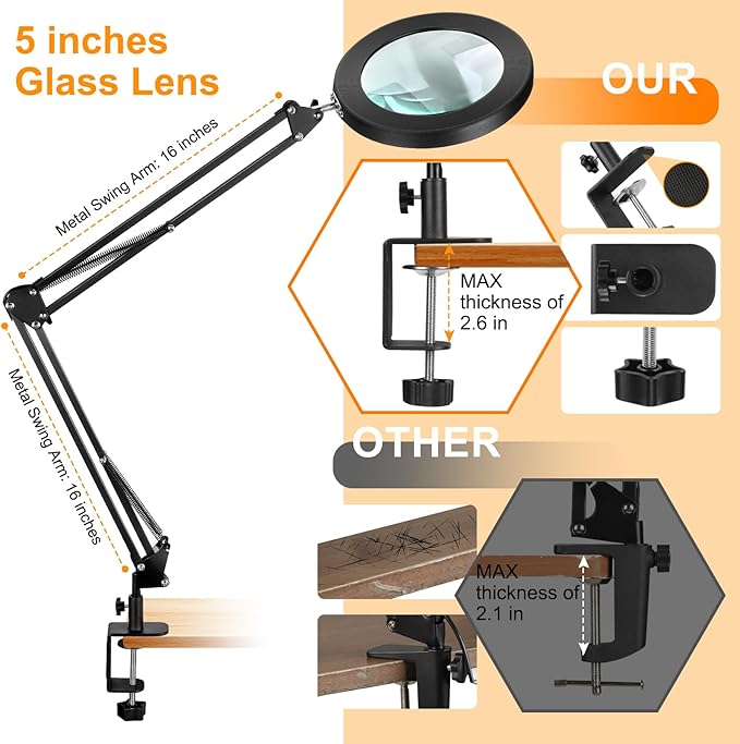 Large 10X Magnifying Glass with Light, 5 in Real Glass Stand Lighted Magnifier, 3 Color Modes Steepless Dimmable LED Magnifying Desk Lamp with Clamp, Hands Free for Close Work Crafts Hobby