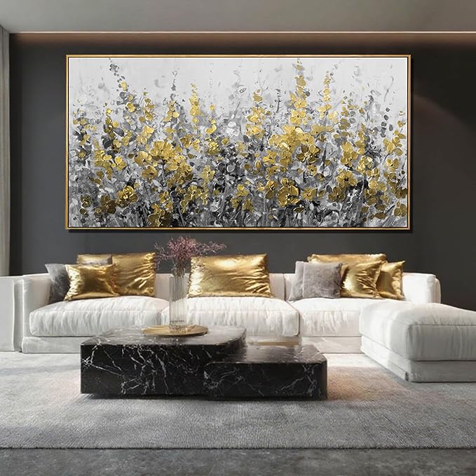 Framed Golden Floral Canvas Wall Art Large 29x58 Inch Grey and Gold Abstract Painting Textured Modern Flower Artwork for Above Couch Living Room Bedroom Home Decor