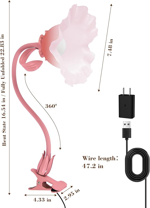 Flower Clip On Desk Lamp for Home and Dorm - Cute Floral Clip On Bedside Book Reading Light, Pink Flower Bunk Bed Lighting, Kawaii Led Flexible Gooseneck Table Lamp for Headboard with Clamp