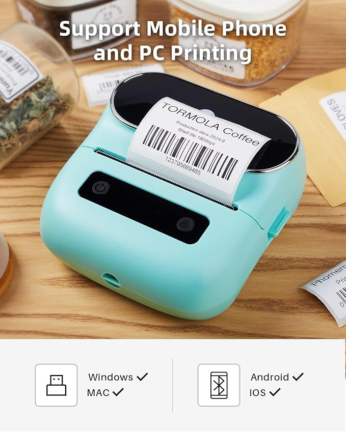 Phomemo M220 Label Maker Green & 1 Roll Transparent Thermal Label 1.96"x1.18"(50x30mm), Upgrade 3 Inch Barcode Portable Printer, for Office & Small Business, Compatible with Phones&PC