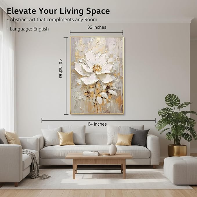 Large Hand Painted Flower Oil Painting for Ofiice-3D White Floral Canvas Wall Art for Bedroom- Framed Modern Artwork for Living Room Home Decoration 32x48inches