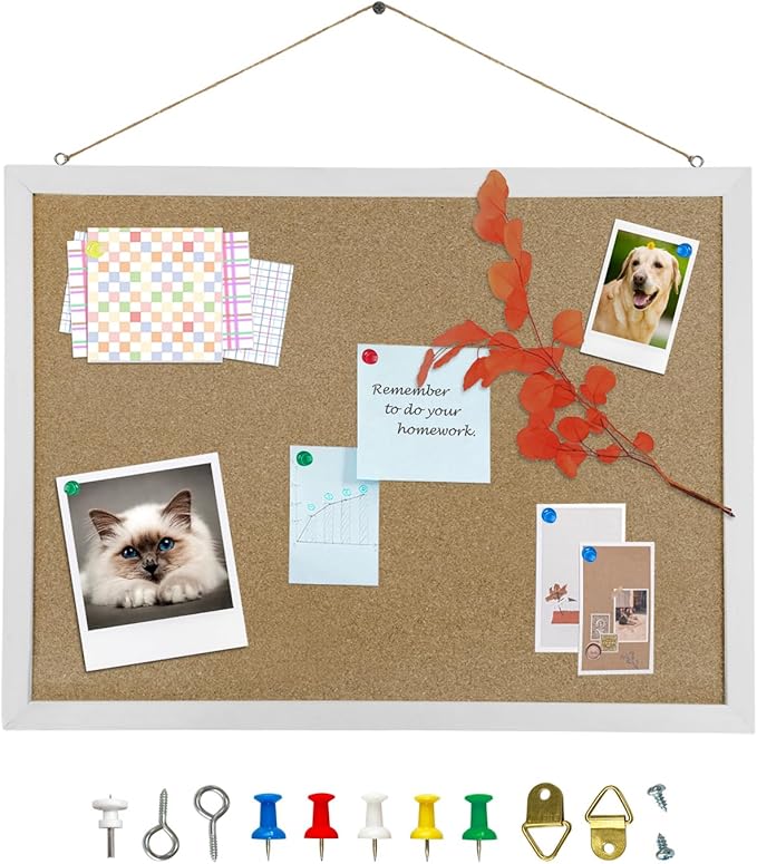 Cork Bulletin Board, 15.7 X 12 Inches Rectangle White Oak Wood Finish Frame for Office Home and School(Pins, Eye Bolts, gaskets, Screws)
