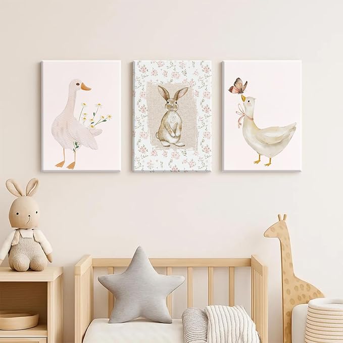 Vintage Nursery Wall Art Goose Canvas Poster Coquette Wall Decor Baby Girl Painting Kids Poster Bunny Rabbit Prints Cute Animal Pictures Duck Artwork for Bedroom Living Room 16x24x3 Inch Ready to Hang