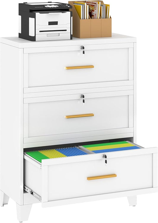 Metal Lateral File Cabinet with Lock,3 Drawer Steel Wide Filing Organization Storage Cabinets,Filing Cabinet for Legal/Letter/A4/F4 Size with Hanging Files&Key,Lockable Cabinets for Home Office,White