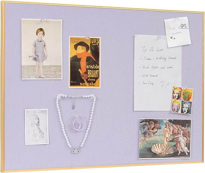 Bulletin Board 16 x 12 inches, Light Lavender Pin Board, Golden Aluminum Framed Fabric Cork Board with 10 Push Pins