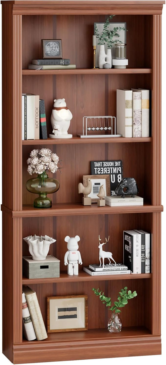 Shahoo 72" Bookcase and Bookshelf, 5-Tier Wood Bookcases with Shelves, Tall Floor Standing Book Shelf Storage Cabinet Home Decor Furniture for Living Room, Home Office, Cherry Brown, 1Pcs
