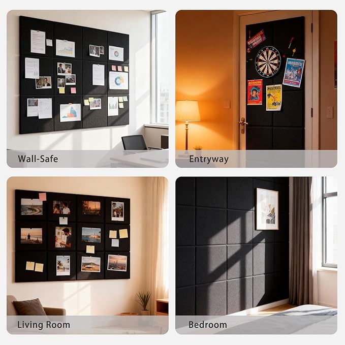 Large Cork Boards for Walls 48" x 36", 12 Pack Black Bulletin Board, Felt Wall Tiles with 72 Safe Removable Adhesive Tabs, Pinboard Cork Board for Office Home Decor