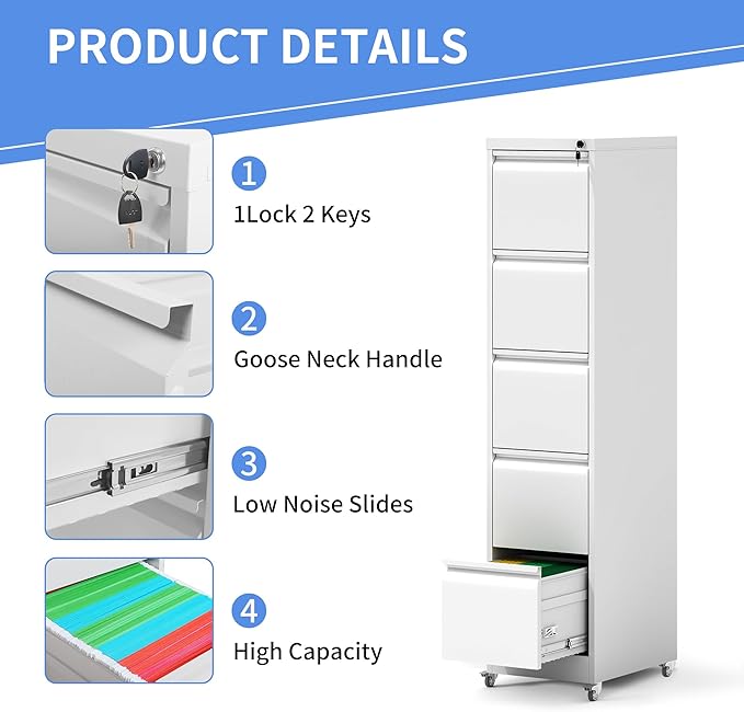 5 Drawer File Cabinet with Wheels, Metal Mobile File Cabinet with Lock, Rolling Filing Cabinet Home Office for Hanging File Folders, Letter Size, Legal Size, A4 Size, Require-Assembled, White
