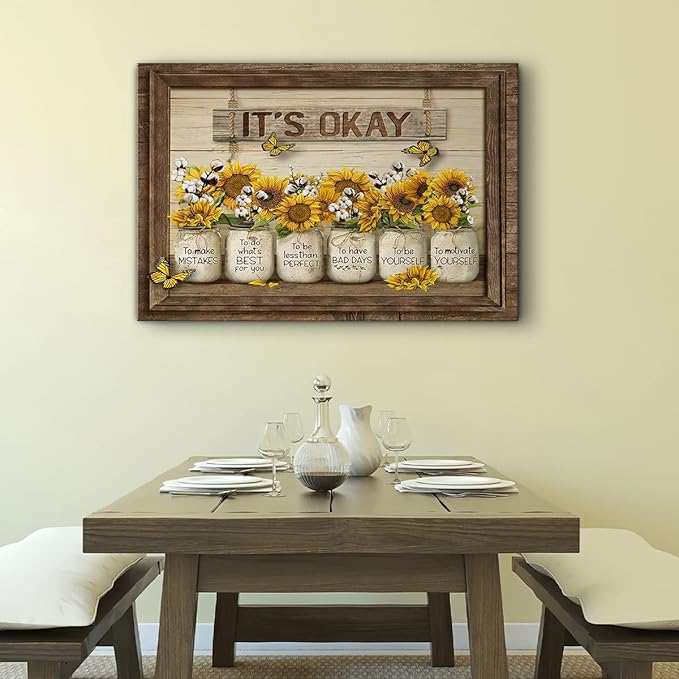 Parylore Sunflower Wall Art Canvas Print Wall Decor It'S Okay Quotes Inspirational Painting Framed Modern Artwork for Living Room Bedroom Bathroom Office Home Decor 16x24 In