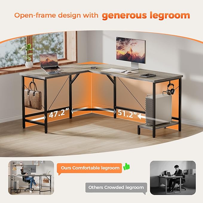 Mericonia 50 inch Large L Shaped Desk, Simple Corner Gaming Desk with CPU Stand & Hooks, Computer Desk for Home, Bedroom & Office Workspace, Grey