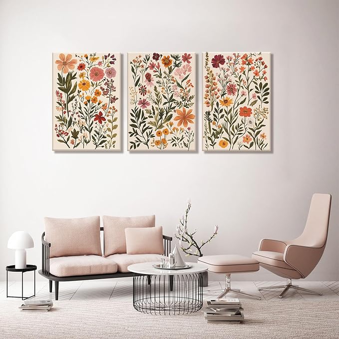 KISSFOX 3 Piece Boho Floral Canvas Wall Art For Bedroom Cottagecore Wild Flower Wall Art Colorful Nature Modern Botanical Art Prints For Nursery Living Room,16x24 in