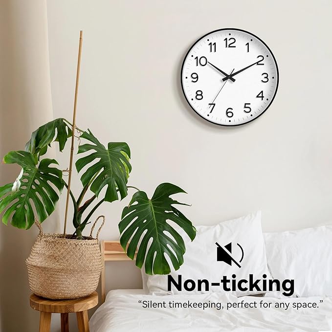 Wall Clock 12 Inch Silent Wall Clocks Battery Operated-Modern Non Ticking Analog Clock Decorative for Kitchen Bedroom Office (Black)